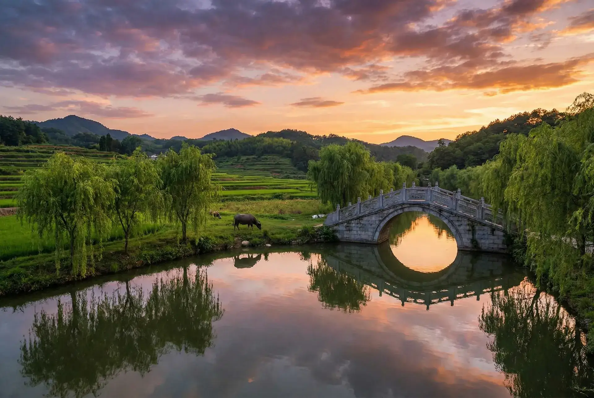 夕阳下的石拱桥与垂柳，水牛在河边吃草 - 奥术符文 乡村美景